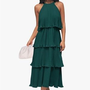 Sleeveless Halter Neck Ruffle Tiered Layed Chiffon Flowy Swing Long Midi Dress